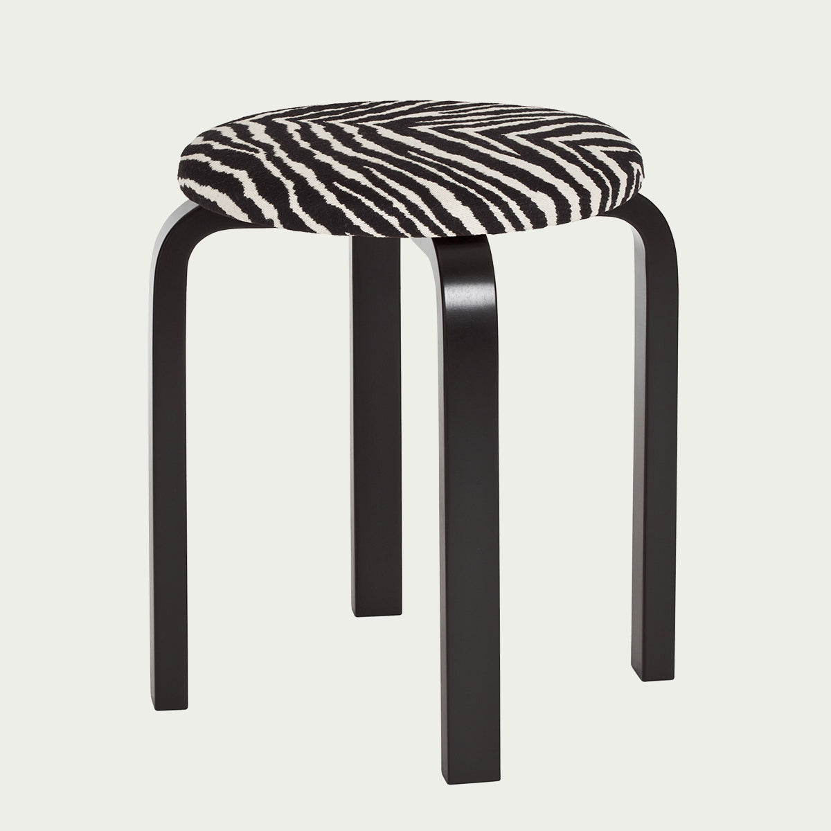 Artek Alvar Aalto Stool E60 - Four Legged Stool - Black Lacquered Legs with Zebra Upholstered Seat