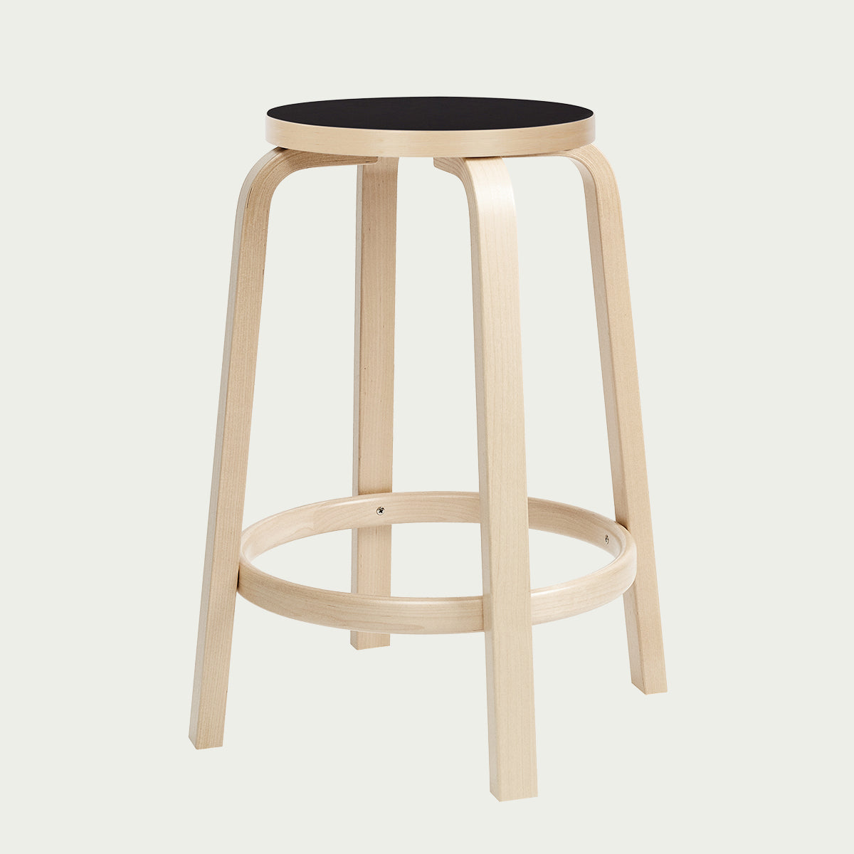 Artek Alvar Aalto Counter Stool 64 - Black Linoleum Seat - 25.5" H