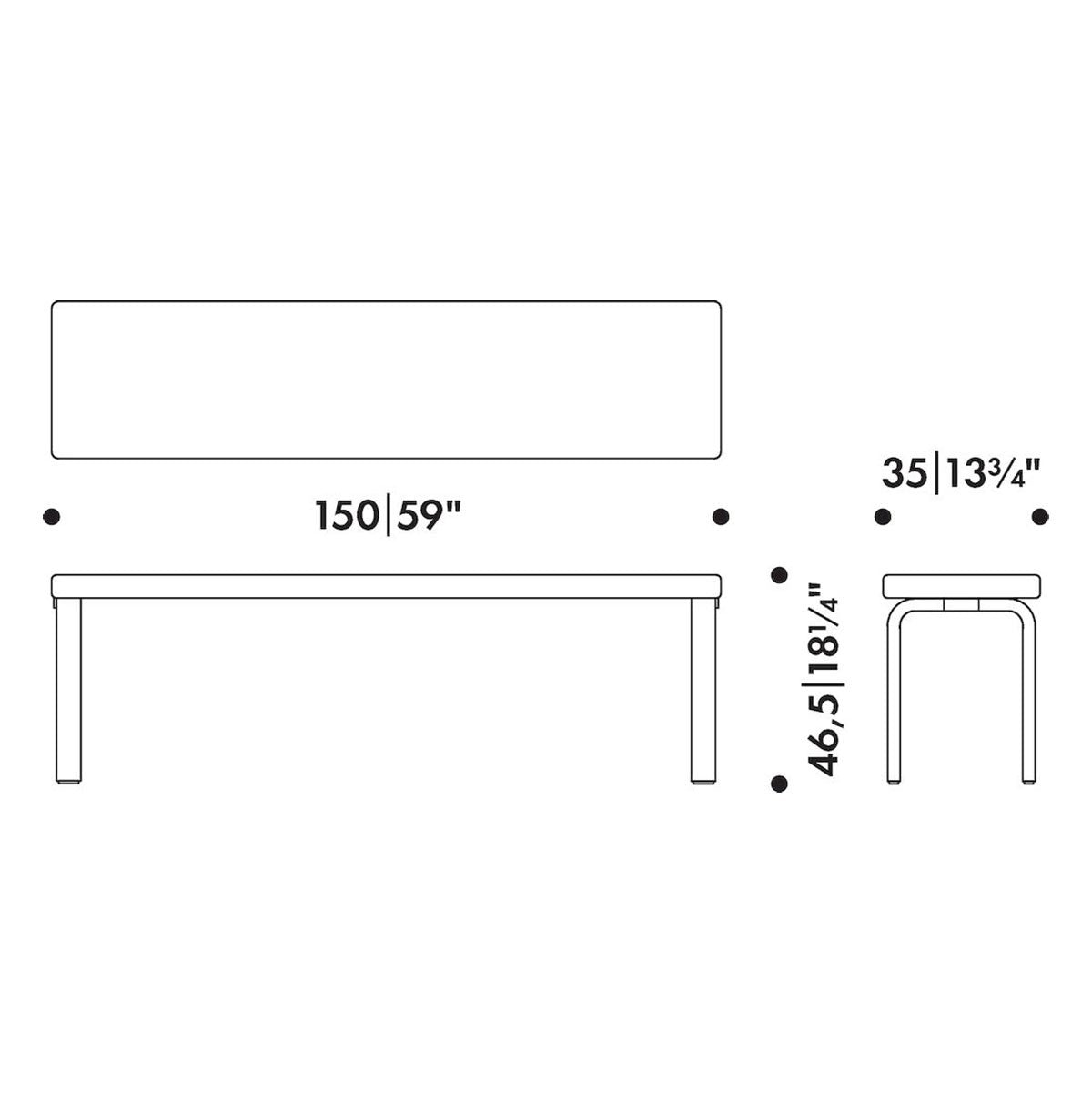 Artek Alvar Aalto Bench 168B - Upholstered Seat w/ Black Lacquered Legs