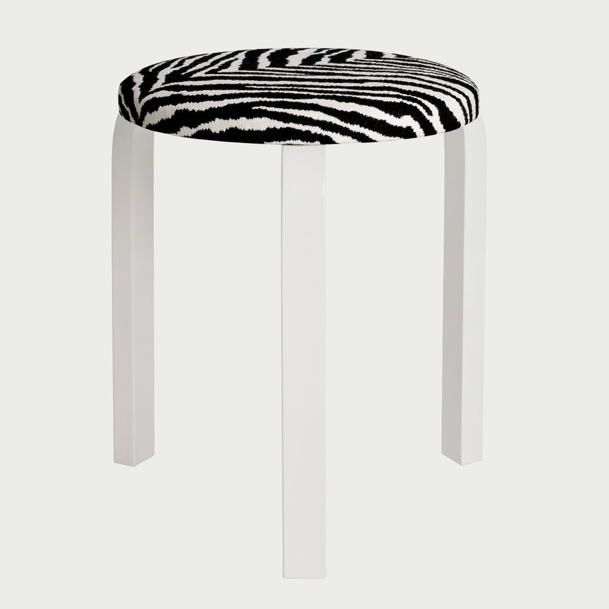 Artek Alvar Aalto - Three Legged Stool 60 - White Lacquered Legs with Zebra Upholstered Seat