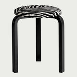 Artek Alvar Aalto - Three Legged Stool 60 - Black Lacquered Legs with Zebra Upholstered Seat